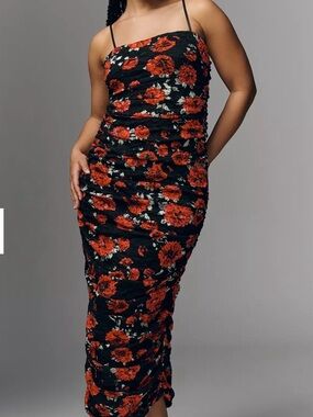 Anthropologie Black Midi Dress with Red Floral Print